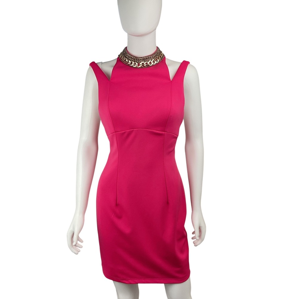 Hot Pink Mini Dress with‎ Statement Gold Chain Collar Party Cocktail Bodycon